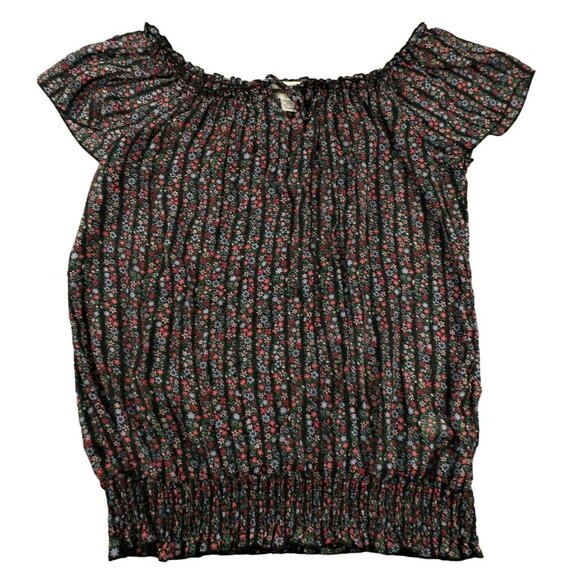 Womens Black Floral Top Elastic Bottom Blousy Light & Breezy size XL  JH1092 - Picture 1 of 3